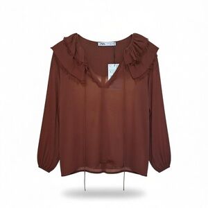 NWT ZARA Women's Rust Brown Small Ruffled Collar Boho Top Fall Winter Blouse